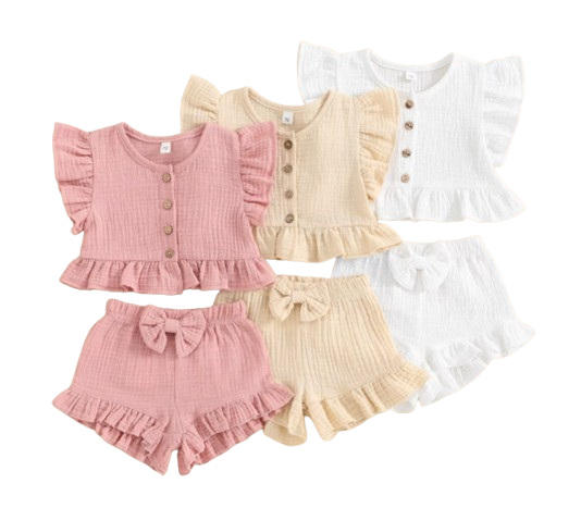 The Valentina - Baby Girl Solid Colour Ruffle Button Tops + Shorts