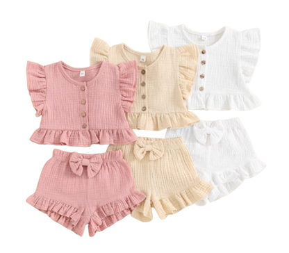 The Valentina - Baby Girl Solid Colour Ruffle Button Tops + Shorts