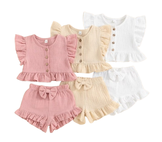 The Valentina - Baby Girl Solid Colour Ruffle Button Tops + Shorts