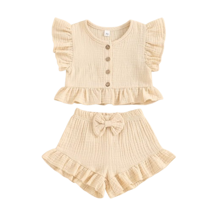 The Valentina - Baby Girl Solid Colour Ruffle Button Tops + Shorts