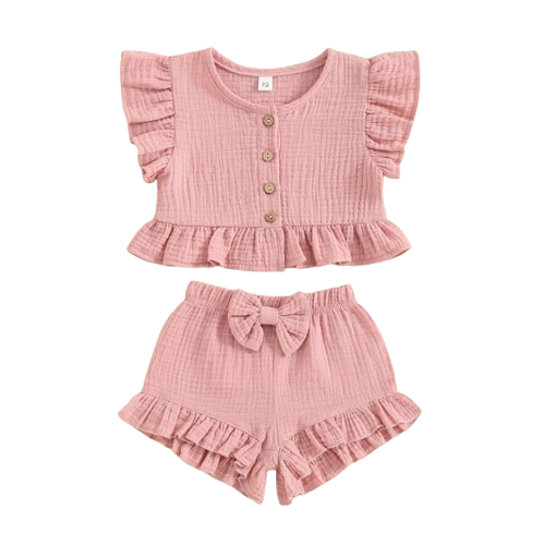 The Valentina - Baby Girl Solid Colour Ruffle Button Tops + Shorts