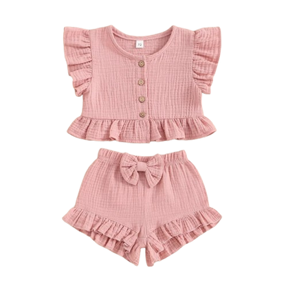 The Valentina - Baby Girl Solid Colour Ruffle Button Tops + Shorts