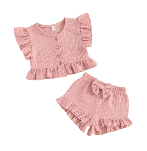 The Valentina - Baby Girl Solid Colour Ruffle Button Tops + Shorts