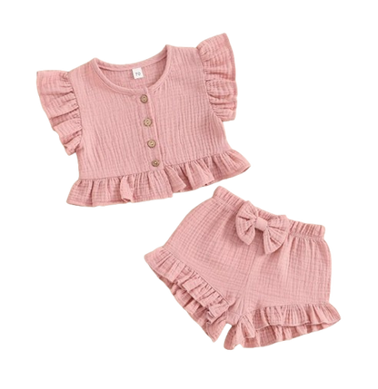 The Valentina - Baby Girl Solid Colour Ruffle Button Tops + Shorts