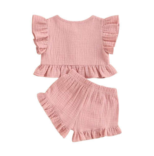 The Valentina - Baby Girl Solid Colour Ruffle Button Tops + Shorts