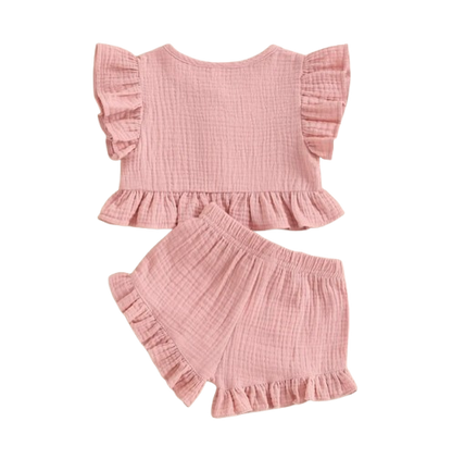 The Valentina - Baby Girl Solid Colour Ruffle Button Tops + Shorts