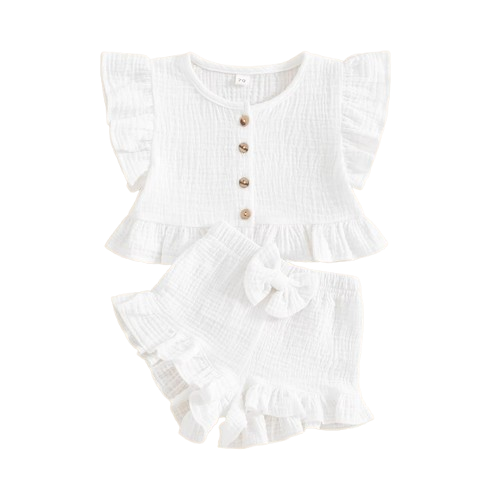 The Valentina - Baby Girl Solid Colour Ruffle Button Tops + Shorts