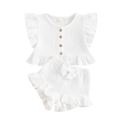 The Valentina - Baby Girl Solid Colour Ruffle Button Tops + Shorts