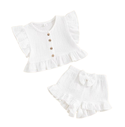 The Valentina - Baby Girl Solid Colour Ruffle Button Tops + Shorts