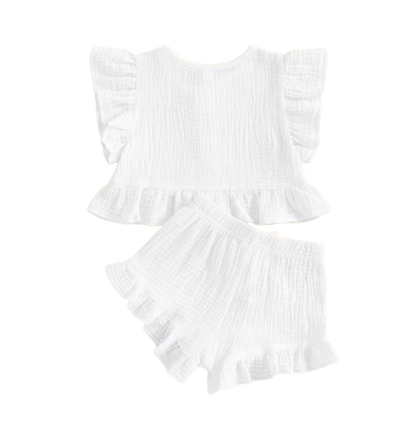 The Valentina - Baby Girl Solid Colour Ruffle Button Tops + Shorts