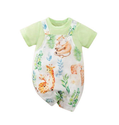 The Vera - Baby Unisex Green Animal Print Short Sleeve Romper