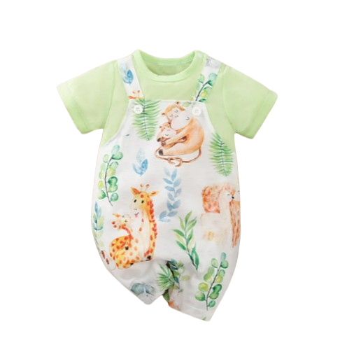 The Vera - Baby Unisex Green Animal Print Short Sleeve Romper