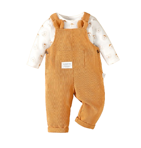 The Wesley -  Baby Boy Orange Bear Print Long Sleeve Bodysuit + Strap