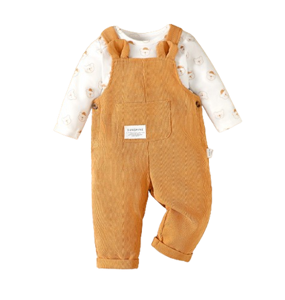 The Wesley -  Baby Boy Orange Bear Print Long Sleeve Bodysuit + Strap