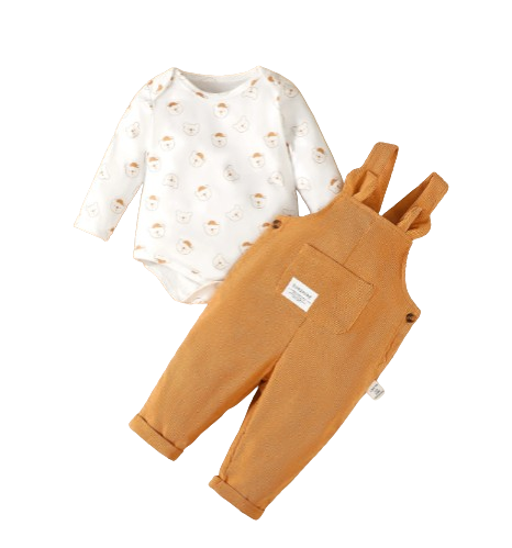 The Wesley -  Baby Boy Orange Bear Print Long Sleeve Bodysuit + Strap