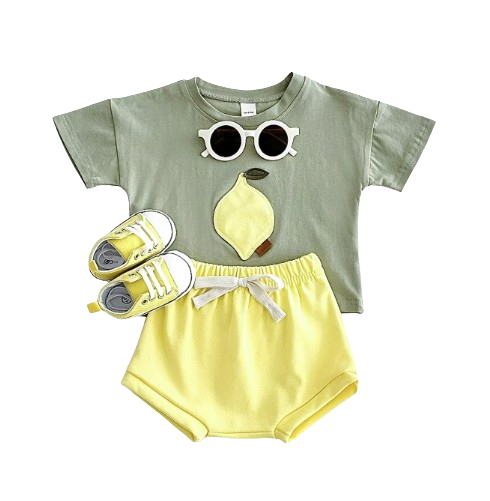 The Zachary - Baby Boy Fruit Lemon Print Round Neck T-Shirt + Shorts