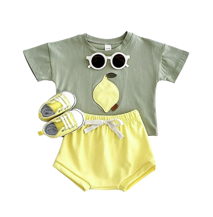 The Zachary - Baby Boy Fruit Lemon Print Round Neck T-Shirt + Shorts