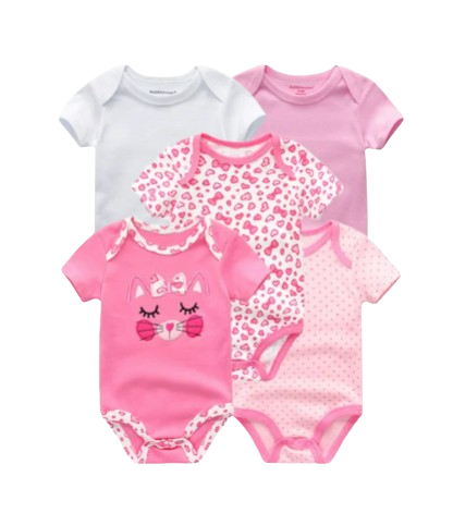 The Zena - 5pcs Unisex Cotton Rompers - Cute Pink Print Set