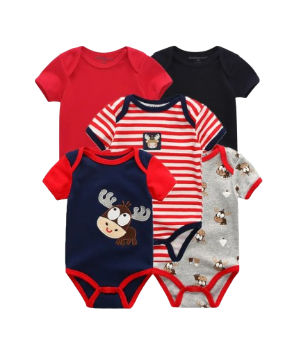 The Zena - 5pcs Unisex Cotton Rompers - Red Reindeer Set