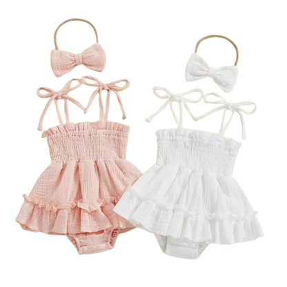 The Madeline - Baby Girl Summer Romper Dress Casual Sleeveless Shoulder Strap Bodysuits with Hairband