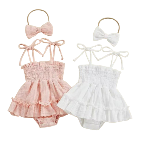 The Madeline - Baby Girl Summer Romper Dress Casual Sleeveless Shoulder Strap Bodysuits with Hairband