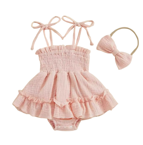 The Madeline - Baby Girl Summer Romper Dress Casual Sleeveless Shoulder Strap Bodysuits with Hairband