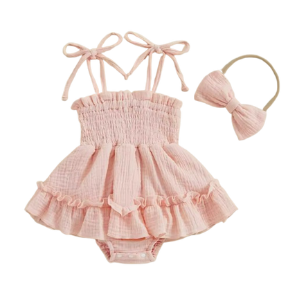 The Madeline - Baby Girl Summer Romper Dress Casual Sleeveless Shoulder Strap Bodysuits with Hairband