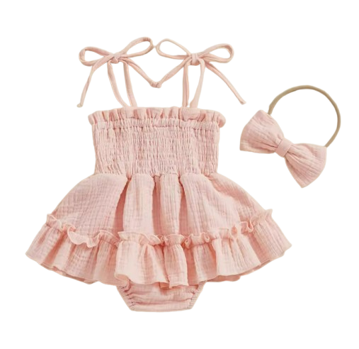 The Madeline - Baby Girl Summer Romper Dress Casual Sleeveless Shoulder Strap Bodysuits with Hairband