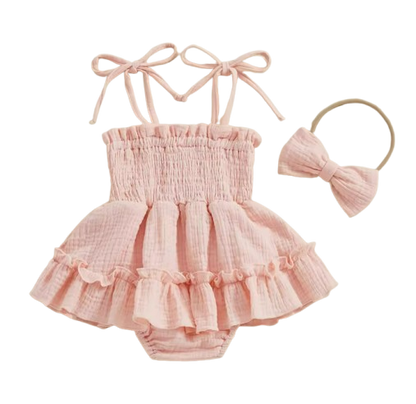 The Madeline - Baby Girl Summer Romper Dress Casual Sleeveless Shoulder Strap Bodysuits with Hairband