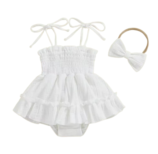 The Madeline - Baby Girl Summer Romper Dress Casual Sleeveless Shoulder Strap Bodysuits with Hairband