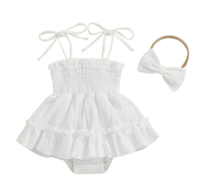 The Madeline - Baby Girl Summer Romper Dress Casual Sleeveless Shoulder Strap Bodysuits with Hairband