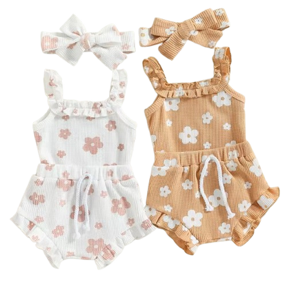 The Ariana - Baby Girl Floral Sleeveless Strap Romper + Shorts + Headband