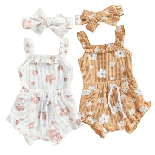 The Ariana - Baby Girl Floral Sleeveless Strap Romper + Shorts + Headband