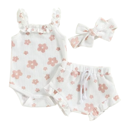 The Ariana - Baby Girl Floral Sleeveless Strap Romper + Shorts + Headband