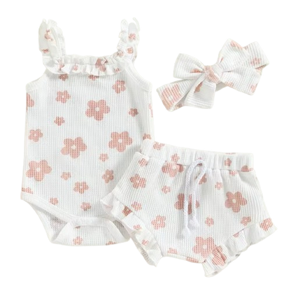 The Ariana - Baby Girl Floral Sleeveless Strap Romper + Shorts + Headband