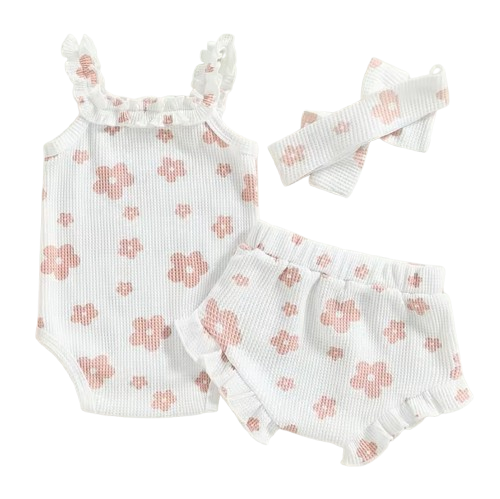 The Ariana - Baby Girl Floral Sleeveless Strap Romper + Shorts + Headband