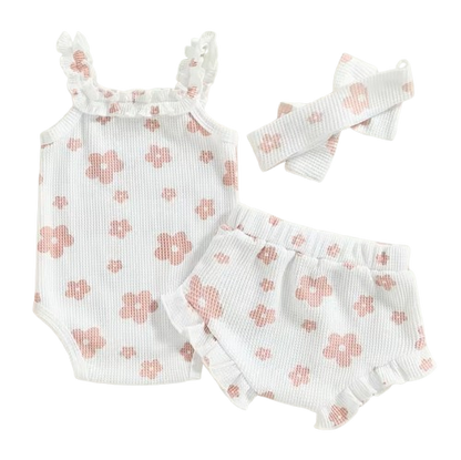 The Ariana - Baby Girl Floral Sleeveless Strap Romper + Shorts + Headband