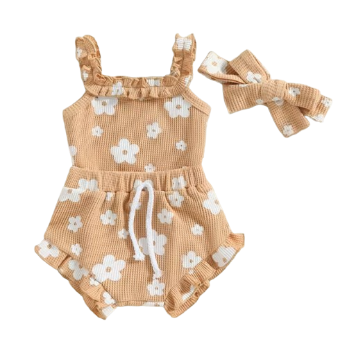 The Ariana - Baby Girl Floral Sleeveless Strap Romper + Shorts + Headband