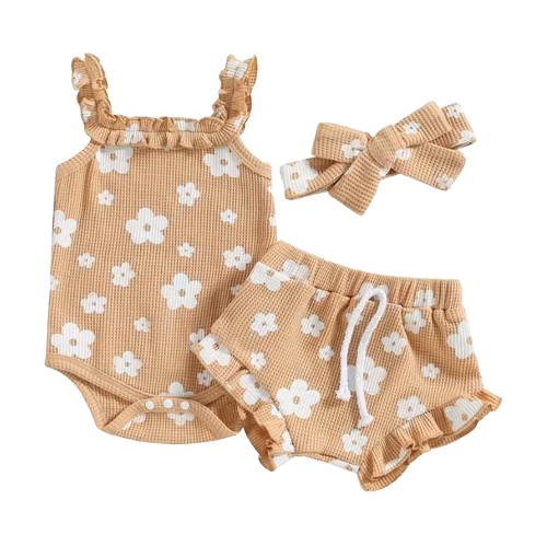 The Ariana - Baby Girl Floral Sleeveless Strap Romper + Shorts + Headband