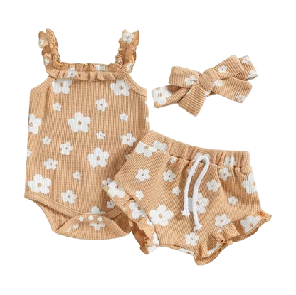 The Ariana - Baby Girl Floral Sleeveless Strap Romper + Shorts + Headband