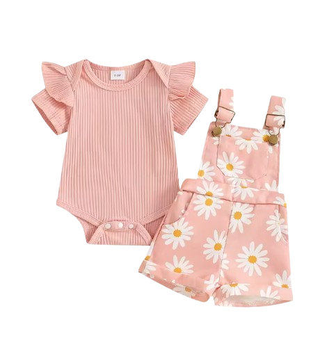 The Melody - Baby Girl Short Sleeve Romper with Flower Print Suspender Shorts