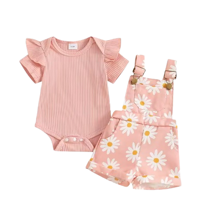 The Melody - Baby Girl Short Sleeve Romper with Flower Print Suspender Shorts