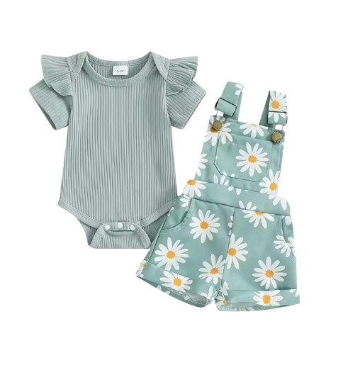 The Melody - Baby Girl Short Sleeve Romper with Flower Print Suspender Shorts