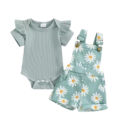 The Melody - Baby Girl Short Sleeve Romper with Flower Print Suspender Shorts