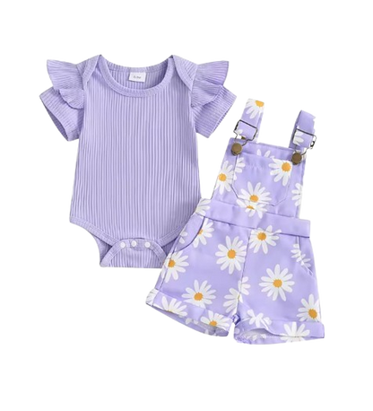 The Melody - Baby Girl Short Sleeve Romper with Flower Print Suspender Shorts