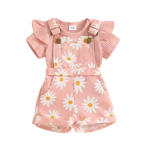 The Melody - Baby Girl Short Sleeve Romper with Flower Print Suspender Shorts