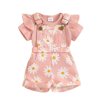 The Melody - Baby Girl Short Sleeve Romper with Flower Print Suspender Shorts