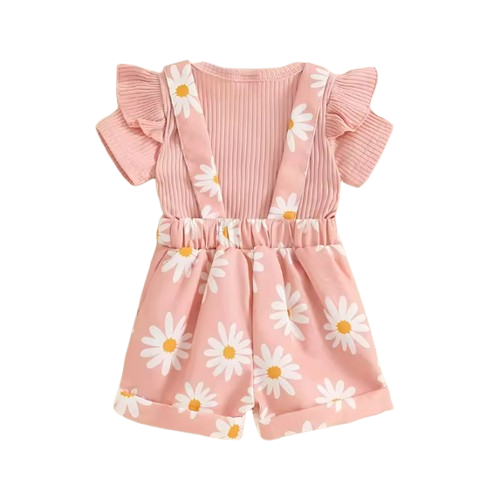 The Melody - Baby Girl Short Sleeve Romper with Flower Print Suspender Shorts