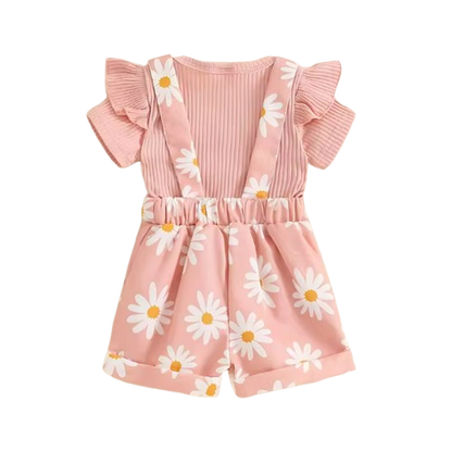 The Melody - Baby Girl Short Sleeve Romper with Flower Print Suspender Shorts