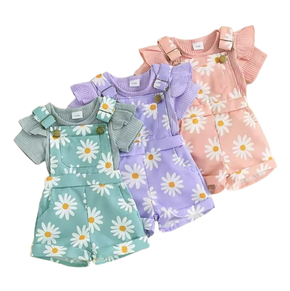 The Melody - Baby Girl Short Sleeve Romper with Flower Print Suspender Shorts